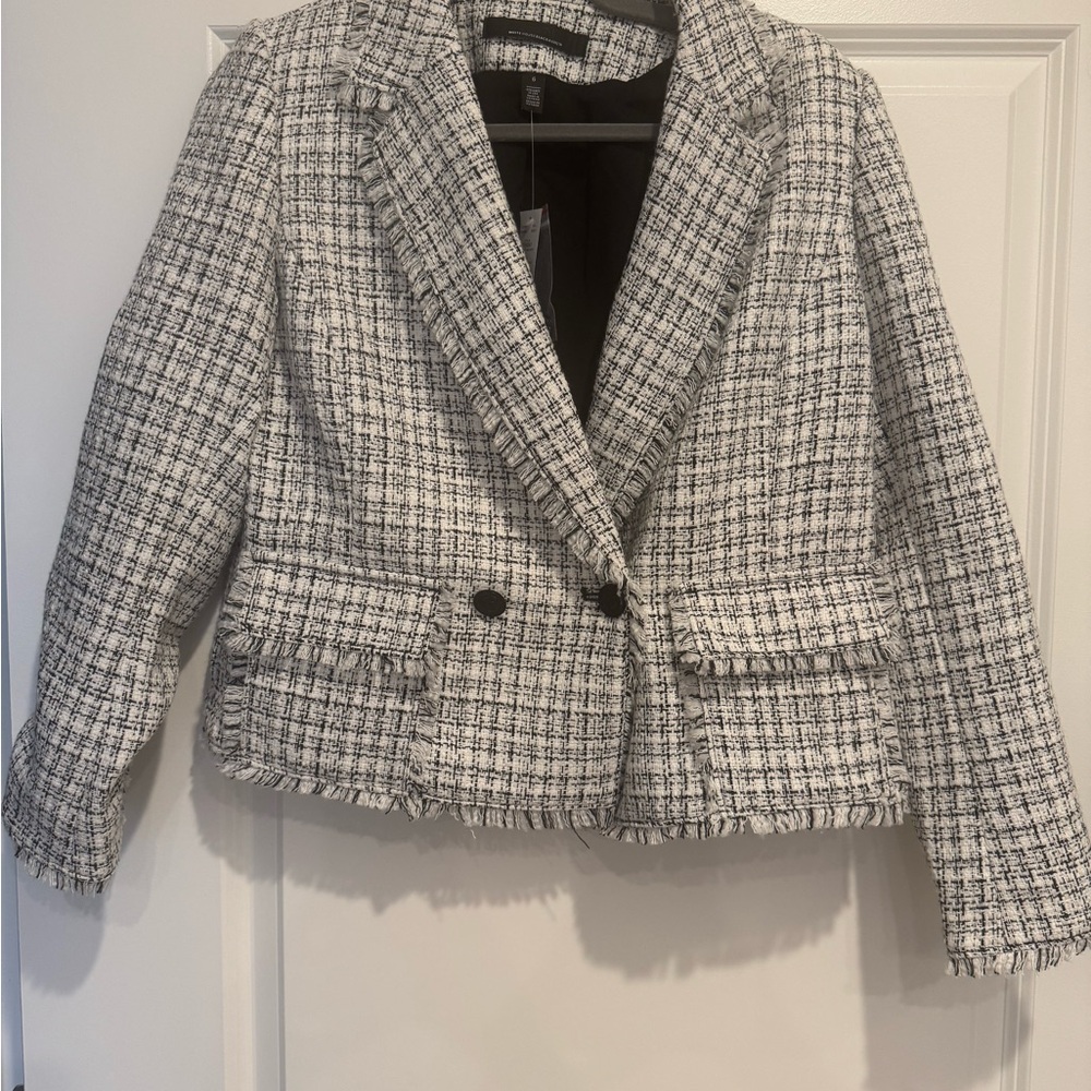 White House Black Market Black & White Tweed Fringed Blazer